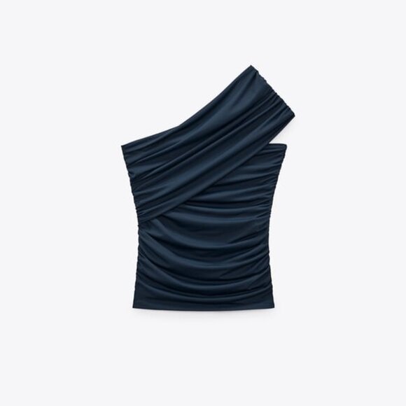 ZARA - ASYMMETRIC RUCHED TOP - LARGE - DUCK BLUE - Picture 1 of 8